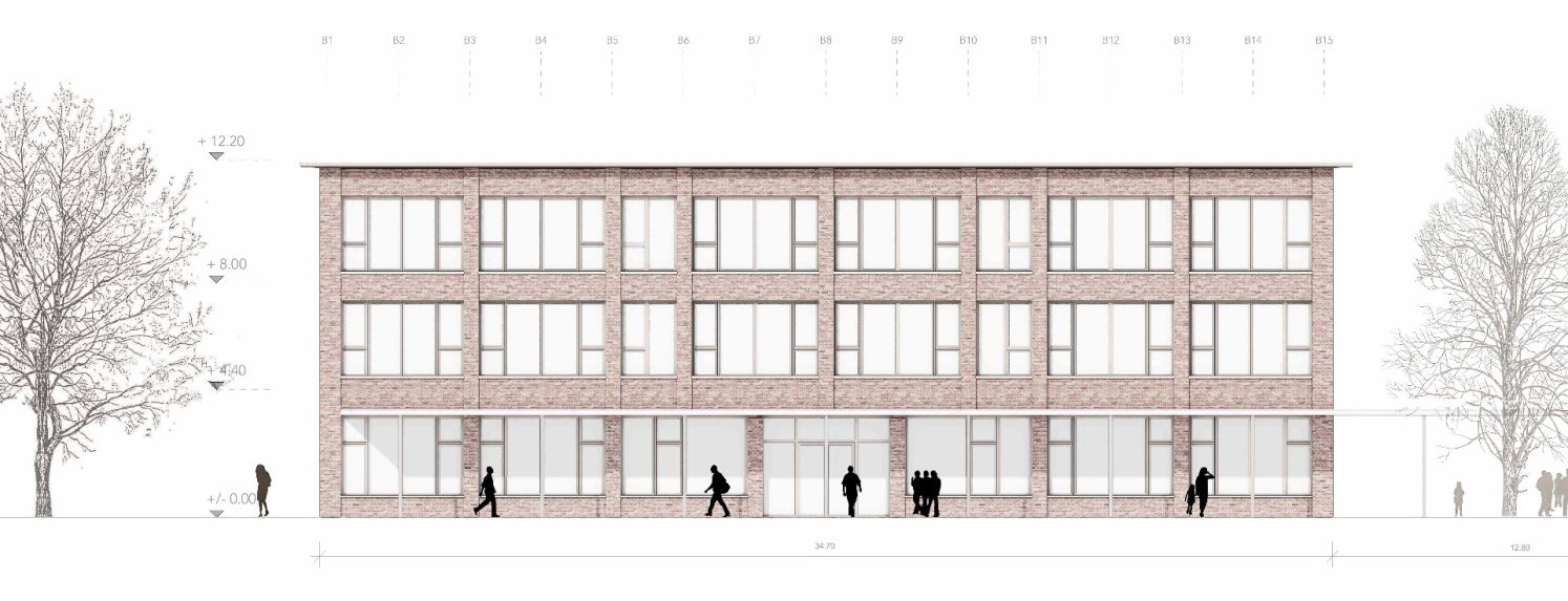 Skizze der Fassade. (Projektverfasser: Masswerk Architekten AG / Gesamtleistungsanbieter: Steiner AG)